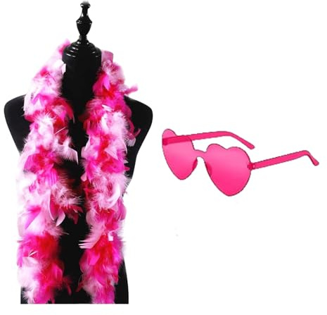 CYCFMYYLY Feather Boa, Pink Feather Boas Set with Heart Glasses, Multicoloured Feather Boa for Prom, Wedding Party, Role Play, Carnival, Halloween Accessories