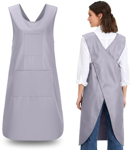 Japanese Cross Back Cooking Aprons, Polyester Pinafore Dress with 3 Pockets, Practical Bib Smock for Unisex Chef Kitchen Home, X Cross Halter Maid Fits for DIY Project, Baking Gardening Works, Grey