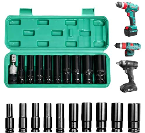 11 stycken hylsnyckelsats, slagnyckel nötter 1/2 tum, 10, 12, 13, 14, 15, 17, 19, 22, 24 mm, långt set med plastfodral, lång muttersats för bilreparation av däck byte