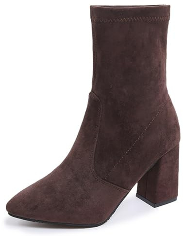 BANGTEUO Chunky Heeled Ankle Boots For Women Suede Pointed Toe Comfortable Stretch Pull On Non Slip Fall Short Booties (Brown,8.5)