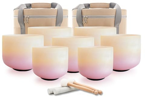 Hye-eun Sunset Kristall Klangschalen Set 432hz, 7-12 tums kvartskristallsingande skålmeditationsset för energihelning, djup avslappning, yogaljudhelning (inkl. träklubbor, bärspåsar)