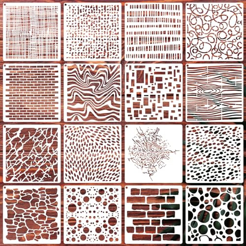 16Pcs Mixed Stencils for Crafts Reusable, Geometric Texture Wood Grains Abstract Stencils for Painting with Metal Ring, Abstract Spray Paint Layering Templates Kits on Wall Furniture Card Canvas