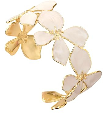 FOSLXIN Bracelet Fleurs Femme Dorées, Bracelets à Manchette Bracelet Ouvert en Or, Acier Inoxydable Parure Bijoux Ensemble Fleurs Glamour, Ors Parure de Fleurs pour Femmes Filles (blanc)