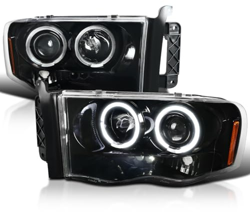 SPEC-D TUNING Jet Black Halo Projector Headlights Compatible with 2002-2005 Dodge Ram 1500, 2003-2005 Dodge Ram 2500/3500, Left + Right Pair Headlamps Assembly