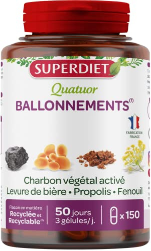 SUPERDIET - QUATUOR BALLONNEMENTS - Charbon végétal activé, Levure de bière, Propolis, Fenouil – Fabrication Française – 150 gélules