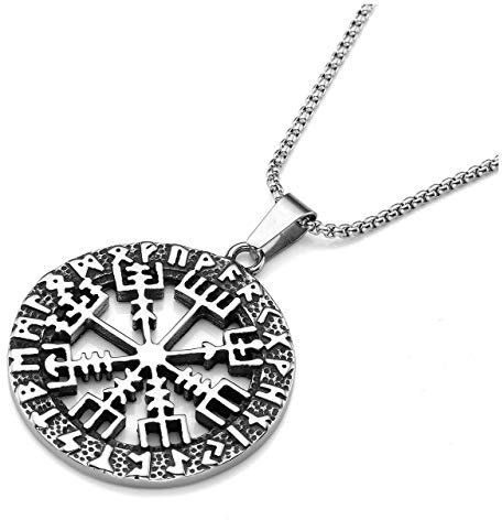 Zysta Herren Damen Edelstahl Wikinger Schmuck- Hohl Kompass Anhänger Halskette Vegvisir Runenkompass Kette Amulett MIT 24 Kette Punk Biker, Silber Schwarz