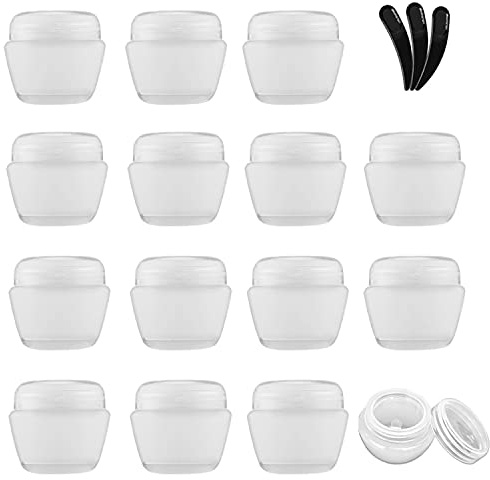 Yalbdopo 15 stycken 20 ml/20 g tomma klara kosmetiska prov behållare med 3 st minipaklar och 18 etiketter, plast påfyllningsbara reseburkar med lock och inre foder för sminkkrämer skönhetsnaglar