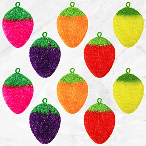 10 Pieces Strawberry Colorful Scrubber Cute Multiuse Dish Scrubber Non Scratch Dish Sponge Strawberry Kitchen Decor Washcloth for Scrubbing, Dishwashing, Scrubbers, Bathrooms, Floors (5 Colors)