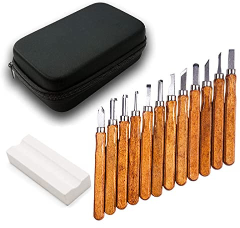 VIVIIHOO 12 Pezzi coltelli da Intaglio + 1 Pietra per affilare + Borsa Coltello da Intaglio del Legno per Legno, Frutta, Verdura, Intaglio Fai-da-Te e ceretta (Lunghezza 141 mm)