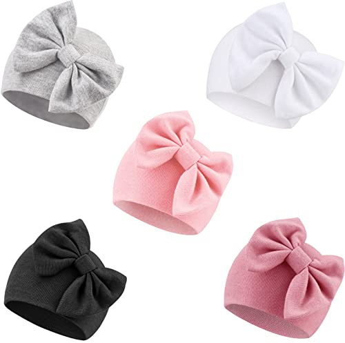 AQOKKA Bonnets pour bébé nouveau-né en coton avec nœud - Bonnet d'hôpital pour nouveau-né et fille, Lot de 5 chapeaux à nœud A/0-6 mois B, 0-6 mois
