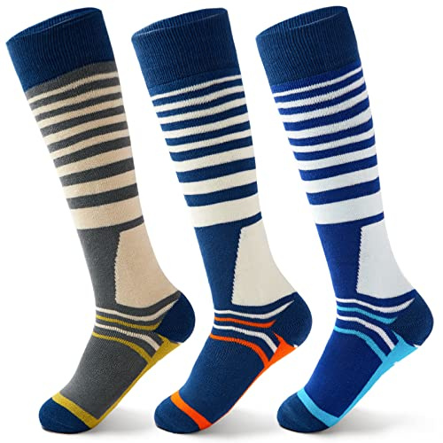 Calcetines de esquí para niños, calcetines cálidos de invierno, calcetines largos para niños, calcetines térmicos acogedores para niños, paquete múltiple, 3 pares, Mix Stripe 9221, 5-7 Years