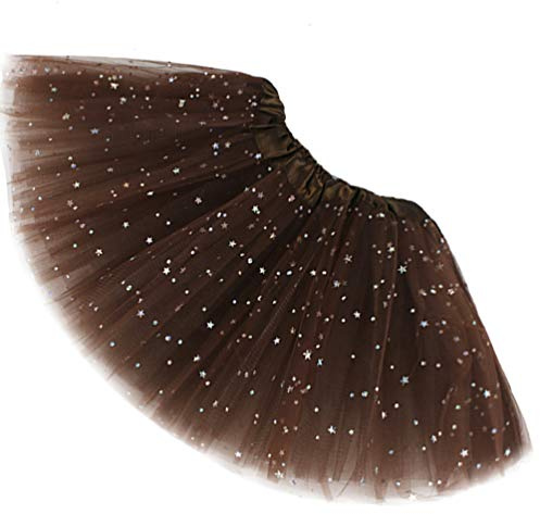 Ugitopi Womens Adult Sparkle Elastic 4 Layered Tulle Tutu Skirt (Coffee OneSize)