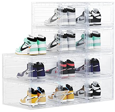 OMOPIN Large Clear Plastic Shoe Boxes Stackable Organizing Sneaker, 10 Pack Drop Front Shoe Storage Boxes for Closet, plastic shoe storage entryway for Size 12 (Clear 10 Pack)