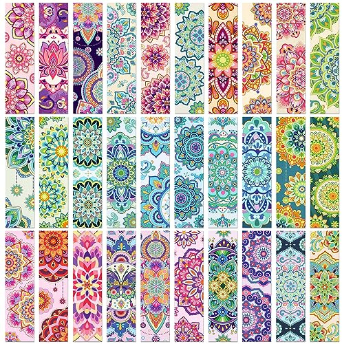 MWOOT Set med 30 st mandala-konstpapper, bokmärken, dubbelsidiga pappersbok läsningskort, boktillbehör för klassrumsläsning, färgglad blomma bokmärke, klämma slutet av året, gåvor för studenter (15 x