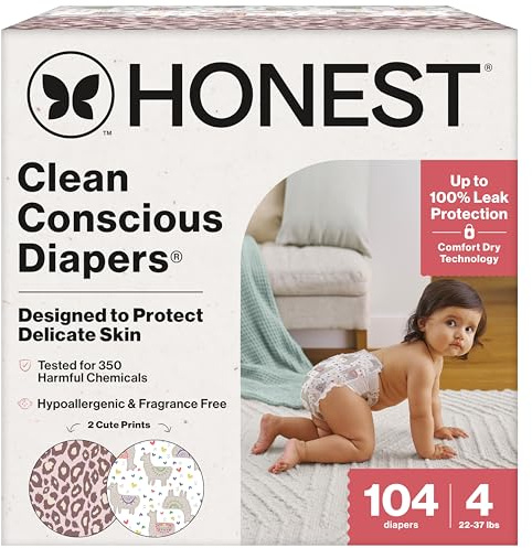 The Honest Company Comfort Dry Disposable Daytime Diapers for Sensitive Skin, Hypoallergenic, Wild Thang + All The Alpacas, Super Club Box Size 4 (22–37 lbs) 104 Count