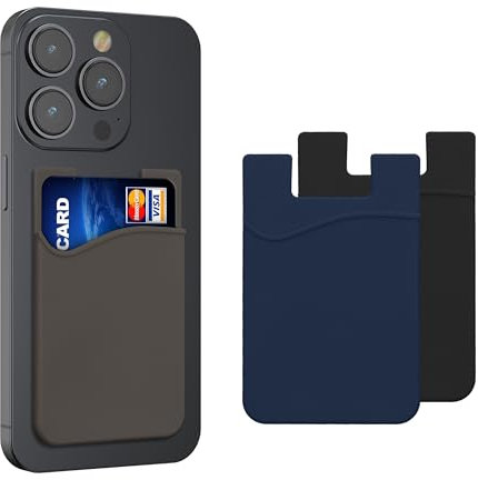 kwmobile 3X Tarjetero para móvil - Funda para Tarjetas de Silicona - Tarjetero para Pegar en la Parte Trasera - Negro/Azul Marino/Gris