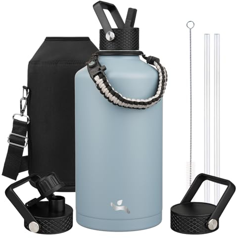 Konokyo Gallon Insulated Water Bottle with Straw,128 oz 3 Lids Water Jug with Carrying Bag,Paracord Handle, Double Wall Vacuum Stainless Steel Metal Flask,Storm Blue