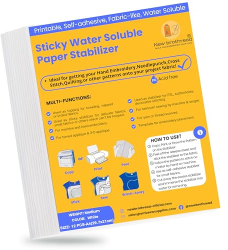 New brothread 12PCS A4 (29.7x21cm) Sticky Water Soluble Embroidery Stabilizer Printable Embroidery Paper - Medium Weight - Allowed for Print or Draw Patterns Best for Hand & Machine Embroidery