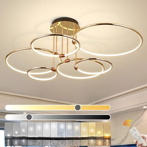 YYUTLUO Plafonnier LED, Ø105cm lustre Cercle En Métal Doré, 145W Dimmable En Continu 3000-6000K, Pendentif Galvanoplastie Rond Moderne, Chambre Salon Enfants Bureau Étude Cuisine Couloir (6 Anneaux)