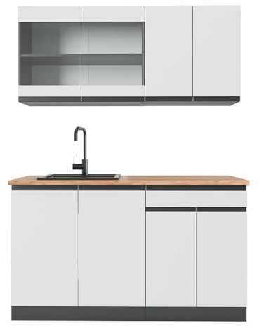 Vicco Singleküche R-Line, Weiß, 140 cm J-Shape, AP Eiche, zur flexiblen Erweiterung mit weiteren Modulen geeignet