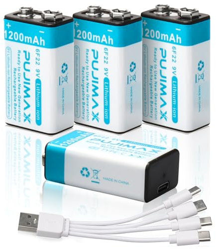MXJFYY 1200 mAh 4 Piles Rechargeables 9 V avec câble de Charge 4 en 1, compatibles avec Les détecteurs de fumée et Les Microphones sans Fil, Les détecteurs de fumée – Batterie pour 6F22 PP3 MN1604