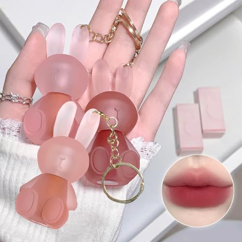 Pack de 3 Rouges à Lèvres Liquides Mat, Effet Velours Lapin Mignon, 2 en 1 Rouge à Lèvres Porte-Clés, Longue Tenue, Non-collant, Fini Velours pour Femmes