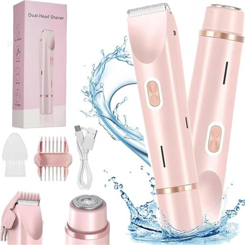Dual Head Shaver 2 in 1 Women Electric Bikini Trimmer, IPX7 Waterproof Rechargeable Hair Razor for Body Face, Wet & Dry Use Hair Removal