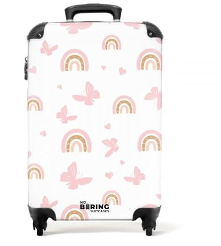 NoBoringSuitcases.com Kinderkoffer für Mädchen Mit Rollen, Kindertrolley Handgepäck 55x40x20 cm (Rosa Regenbögen, Schmetterlinge - Weiß)