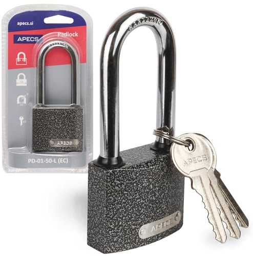 APECS Vorhängeschloss langer bügel für Außenbereich und für den internen Gebrauch mit 3 Schlüssel, Hängeschloss 50mm, Kellerschloss, containerschloss, Sicherheitsschloss mit U-Bügel