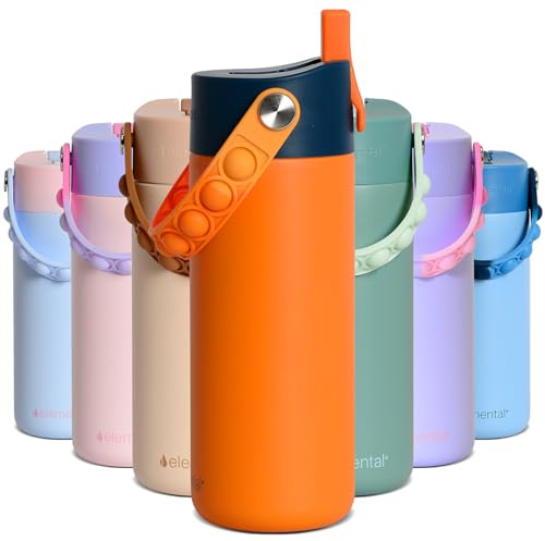 Elemental Insulated Kids Water Bottle, Stainless Steel Water Bottle with Straw Lid & Pop-It Handle, Leak-Proof Water Bottles for School, Boys or Girls, Travelling and Sports, 530ml - Orange Tie Dye