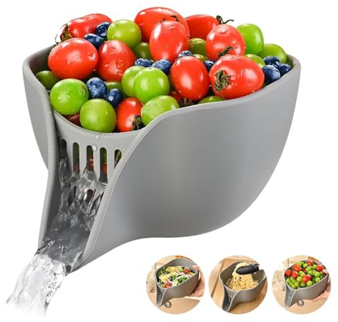 Multifunctional Drain Basket Silicone Drain Basket Colander Bowl Sink Strainer Basket Large Silicone Pasta Colander Be-rry Bowl Strainers with Funnel Spout for Washing Fruits,Vegetables,Pasta(Grey)