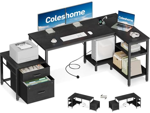 Coleshome Corner Desk with Drawers, 160x80cm L Shaped Computer Desk with Storage Shelves & CPU Stand, Reversible Home Office Corner Desk with Power Outlets, Black