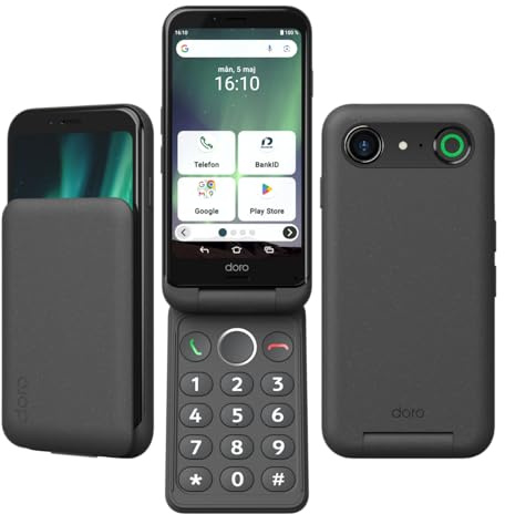 DORO – Vikbar Smartphone Doro Aurora A21 – Seniortelefon – Lätt att Använda – Assistansknapp med GPS-positionering – Kompatibel med Hörapparater – USB-kabel ingår – Grafit