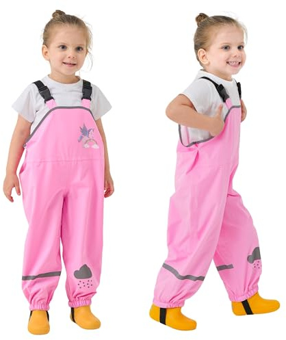 Domueay Pantalon Impermeable Niñas Niños Pantalón Barro Peto de Lluvia Animados Dibujos Pantalón de Lluvia Transpirable Exterior Ropa Impermeables Infantil 4-5 años, Caballo Rosa