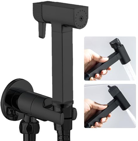 WRKMH Doccetta per Bidet Nero Spruzzatore per Bidet Ottone Idroscopino per WC, con Uno Dentro Uno Fuori Valvola ad Angolo, Spruzzatore a Doppia Funzione in Ottone, 1.2M Tubo Doccia