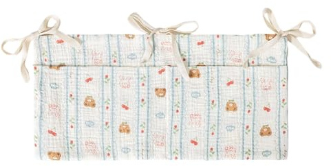 Bolsa organizadora de algodón transpirable junto a la cama con compartimentos espaciosos que se fija de forma segura al velo del bebé Bolsa de almacenamiento esencial para cuna