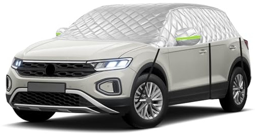 Hagelsäkert bilöverdrag vinter lämplig för VW T-ROC 2017–2025, bil halvgarage presenning vattentät, tjockt bilskydd med reflektorremsor