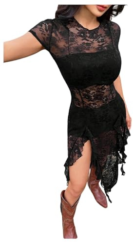 SHENHE Women's Y2k Sheer Lace Slit Ruffle Fringe Country Concert Mini Dress