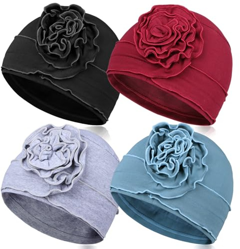 4 pièces de Bonnets en Coton pour chimiothérapie Femme, Couvre-Chef Respirant élastique pour Femmes atteintes de Perte de Cheveux