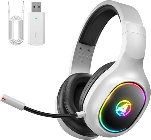 Awinnasey PH1 Wireless Gaming Headset for PS5, PS4, PC -2.4 GHz Bluetooth Gaming Headphones with Noise-canceling Mic,Low Latency,Gaming Headset wih LED light,7.1 Surround Sound,Cream White