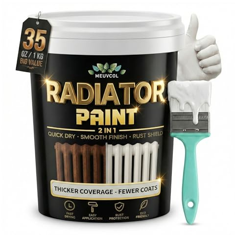 Meuvcol 2 in 1 Radiator Paint & Primer - 1000ml White Enamel Metal Paint for Radiators, Pipes & Towel Rails - Anti Rust Matte Touch Up Paint - Heat Resistant, Durable, Low Odor, Non-Yellowing
