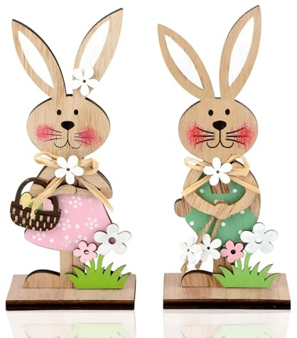 CYIOU 2 Piezas Conejo Pascua de Madera Grandes Figuras Pascua Decoracion con Decoración de Flores Soportes Decorativos para Colocar en Mesa Interior Exterior y Jardín
