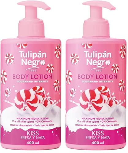 Tulipán Negro Loción Corporal con dosificador Fresa y Nata, máxima hidratación 400 ml, intensamente perfumada y para todo tipo de pieles (Paquete de 2)