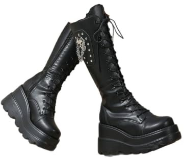 AHUFGN Knähöga stövlar kvinnor mörk punk plattform kilklackar med dubbad skalle design – höga stövlar, Svart, 40