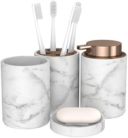 bonVIVO Accessoires Salle De Bain - Set Marmora 4 pièces - Ensemble Salle de Bain de Luxe Effet Marbre avec Porte Brosse à Dents, Distributeur de Savon, Porte-Savon et Gobelet - Rose