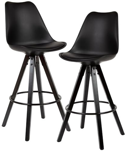 FineBuy 2er Set Barhocker Schwarz Kunstleder/Massivholz, Design Barstuhl Skandinavisch 2 Stück mit schwarzen Beinen, Tresenhocker mit Lehne Sitzhöhe 77 cm