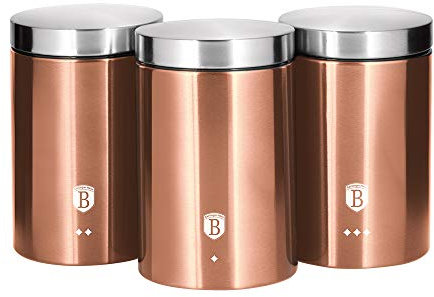 Berlinger Haus Copper Storage Jars Set, 3 Stylish Stainless Steel Containers, 650 g, Coffee, Sugar, Tea, PFOA-Free