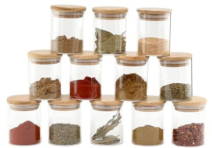 Glass Spice Jar 200 ML - Bamboo Lid which an Air tight seal. Kitchen Storage for spices such as Salt, Pepper and more. Storage Jars with wooden lid for spice storage FBA FREE (Set of 12)