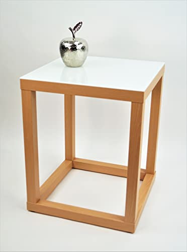 freeroom24, Beistelltisch, Wohnzimmertisch, Couchtisch, Coffee Table, Kleiner Kaffeetisch, Blumenhocker, Blumensäule, Cube, Holzoptik Buche Nachbildung, Glas weiß, 30 x 30 x 50cm, Made in Germany