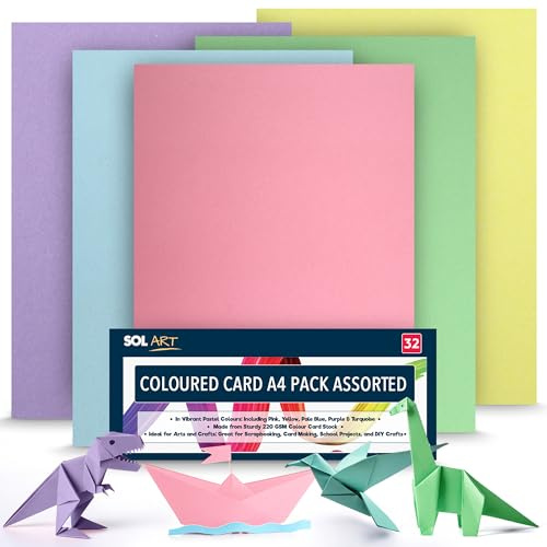 SOL 32pk Coloured Card A4 Pack Assorted 220gsm - Pastel Colours in Pink, Yellow, Blue, Purple and Turquoise, Ideal for Crafting, Greeting Cards, School Projects, Printing and DIY with Sturdy Sheets